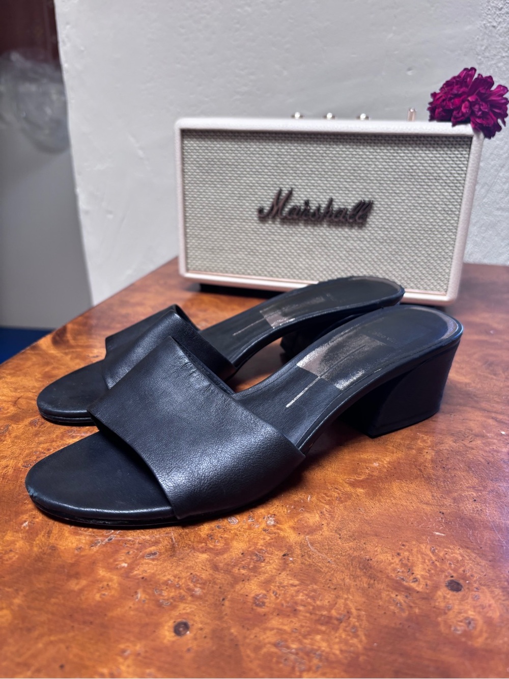 Dolce Vita Black Leather Low Block Heel Slide Mules